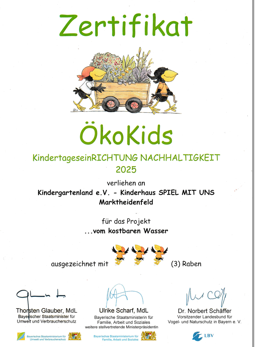 ÖkoKids-Zertifikat Kindergartenland e.V. 2025 zum Thema "...vom kostbaren Wasser"